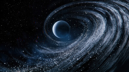 Wall Mural - Celestial Dance: A mesmerizing spiral galaxy swirls around a distant, serene planet, creating a breathtaking cosmic ballet of light, dust, and mystery.  