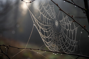Wall Mural - A spider weaves an intricate web in a dark corner, creating a perfect Halloween ambiance. spider on the weaves. A macro shot of a spider web covered in morning dew.
