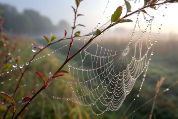 Wall Mural - A spider weaves an intricate web in a dark corner, creating a perfect Halloween ambiance. spider on the weaves. A macro shot of a spider web covered in morning dew.