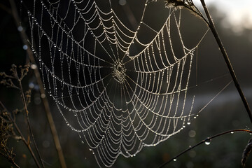 Wall Mural - A spider weaves an intricate web in a dark corner, creating a perfect Halloween ambiance. spider on the weaves. A macro shot of a spider web covered in morning dew.