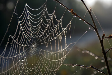 Wall Mural - A spider weaves an intricate web in a dark corner, creating a perfect Halloween ambiance. spider on the weaves. A macro shot of a spider web covered in morning dew.