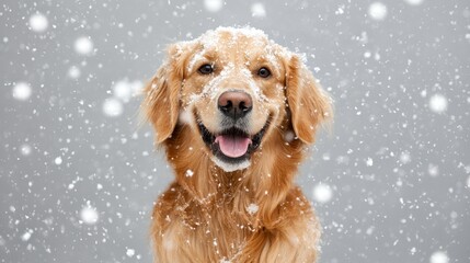 A happy golden retriever smiles in the snowfall, showcasing joy and playfulness against a soft gray background.