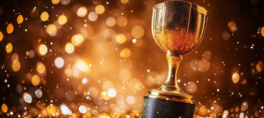Wall Mural - golden trophy award for music or race sport nomination winner with bokeh golden light sparkle backgr