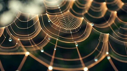 A spider web with water droplets on it. The web is made of many strings