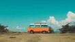 © musa - Vintage camper van parked on a grassy hill under a vibrant blue sky.
