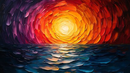 Wall Mural - Vibrant sunset seascape impasto oil painting, ocean reflection, art print