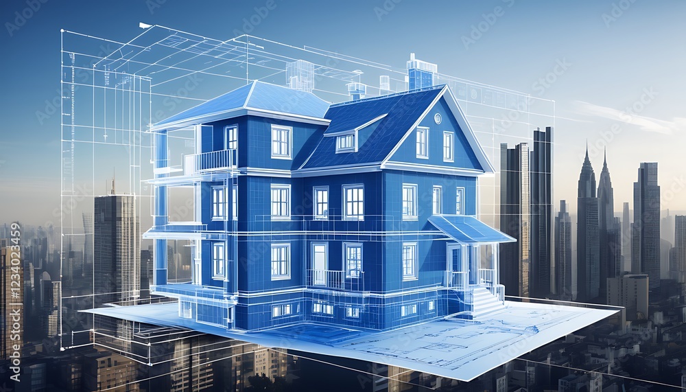 House blueprint architecture overlayed on cityscape background ...