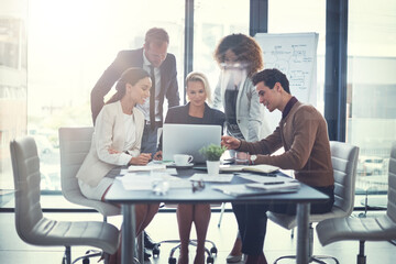 Leinwandbilder - Group, people and meeting with laptop in office of finance results, research and investment information. Employees, online and teamwork for reading email, banking funding and ideas of proposal update