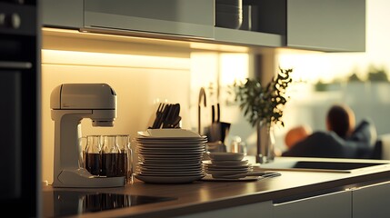 A modern kitchen countertop with a sleek coffee maker, stacks of clean plates, and glasses. A blurred background shows a couple relaxing by a window bathed in warm sunset light.