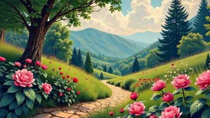 Fototapete - A path through a field of flowers with a tree in the background. The flowers are pink, and the path is made of stones