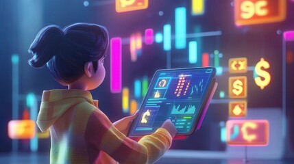 A young girl analyzes digital data on a tablet, surrounded by colorful financial and market indicators in a futuristic setting.