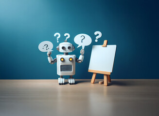 Wall Mural - a curious robot contemplates, surrounded by question marks, facing a blank canvas on an easel. it sy