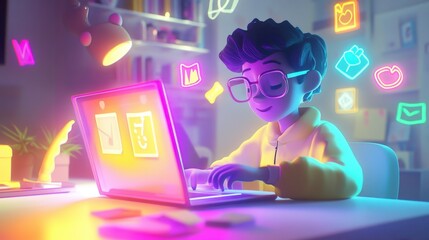 a vibrant, animated character works on a laptop surrounded by colorful icons, showcasing creativity 