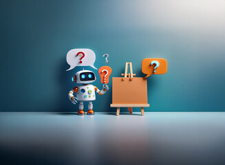 Wall Mural - a curious robot contemplates ideas, holding a lightbulb. question marks float nearby, suggesting cre