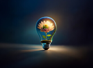 a luminous flower blossoms inside a glowing lightbulb, symbolizing growth, innovation, and the beaut