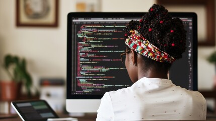 Woman programmer coding on computer at home office.