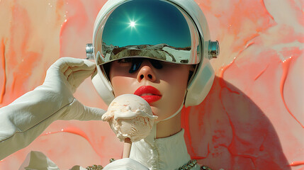 Wall Mural - A futuristic woman with golden reflections on her mirrored sunglasses enjoys ice cream in a sci-fi setting. A vibrant mix of space aesthetics and editorial fashion.