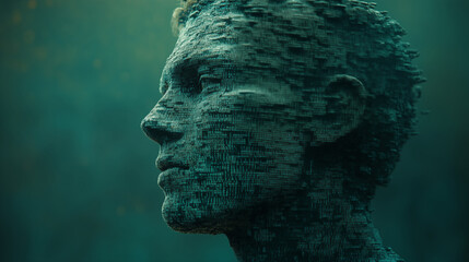 digital human face profile emerging from matrix data pattern against green background. artificial in