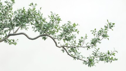 Serene tree branch, leaves, white background, nature, design