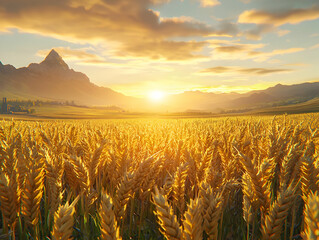 Sticker - Golden wheat field sunset, mountain backdrop, rural landscape