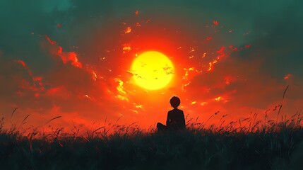 Wall Mural - Sunset Silhouette Person meditating in tall grass, fiery sky, digital art, mood background