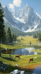 Canvas Print - Cows grazing peacefully by a serene mountain lake