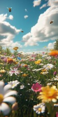 Wall Mural - Vibrant wildflower field buzzing with bees in sunny daylight