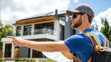 young man in casual attire holding documents and directing towards a modern house while wearing sung