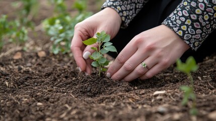 Wall Mural - Gardener planting young seedling in rich soil on sunny day