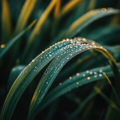 Wall Mural - Dew drops glisten on blades of grass in early morning light