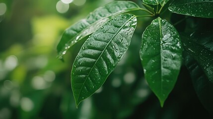 Sticker - Rain drops glisten on vibrant green leaves in the forest