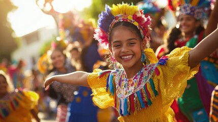 Wall Mural - Lively parade with diverse children, adults, and elders dancing together in colorful traditional attire, vibrant decorations.