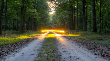 Sticker - Sunset forest road, light trails, nature