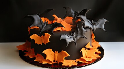 Halloween-themed cake decorated with black bats and eerie designs, creating a spooky and festive centerpiece for parties