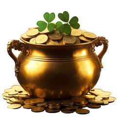 Wall Mural - Golden pot with two handles filled with gold coins with clover leaves on top isolated