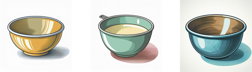 Three bowls, varying in color and contents, are shown. One is empty, another holds liquid, and a third shows a different liquid.