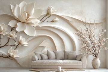 Wall Mural - This stucco relief painting depicts flowers set against a pink backdrop