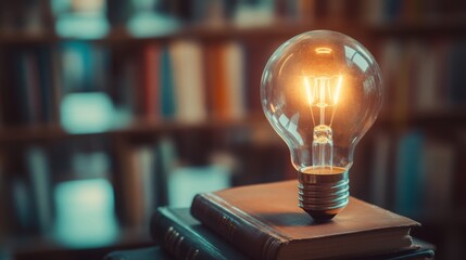 Aufkleber - A glowing light bulb rests on stacked books, symbolizing knowledge and creativity against a blurred library background.