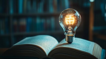 Poster - A glowing light bulb sits atop an open book, symbolizing knowledge and inspiration in a dimly lit library setting.