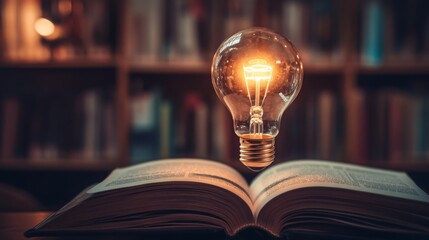 Poster - A glowing light bulb hovers above an open book, symbolizing ideas and knowledge, set against a warm library backdrop.
