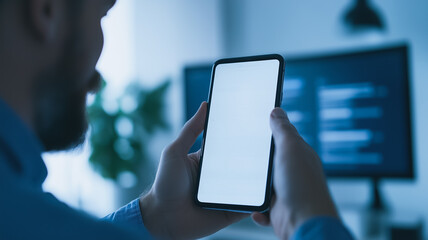 mobile mockup: man reviewing app on smartphone with blank screen. the image shows a man from behind,