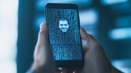 Wall Mural - digital face recognition: a close-up shot of hands holding a smartphone displaying a face superimpos