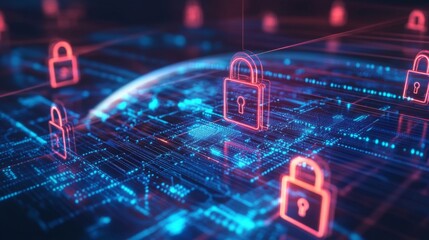 Poster - A digital illustration showcasing a network of interconnected locks, symbolizing cybersecurity and data protection in a futuristic landscape.