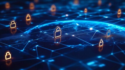 Poster - A digital network featuring glowing padlocks symbolizes cybersecurity and data protection in a high-tech environment.