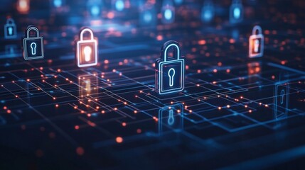 Poster - A digital representation of secure locks on a network, symbolizing cybersecurity and data protection.