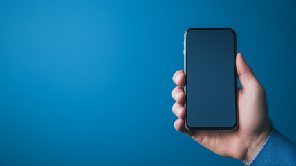 Wall Mural - smartphone mockup on blue: a hand holds a modern smartphone with a blank screen against a vibrant bl