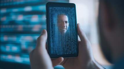 Wall Mural - digital face recognition: a person holds a smartphone displaying a digital face composed of lines of