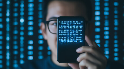 Digital Enigma: A close-up shot of a person holding a smartphone displaying a stream of complex code, their face partially obscured.