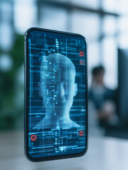 Wall Mural - digital face recognition on smartphone: futuristic biometric security interface displayed on a smart