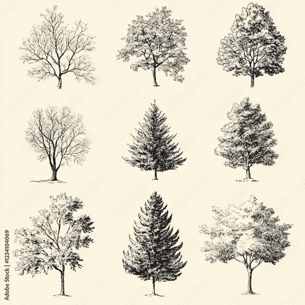 Collection of Hand-Drawn Trees: Nine meticulously rendered ...